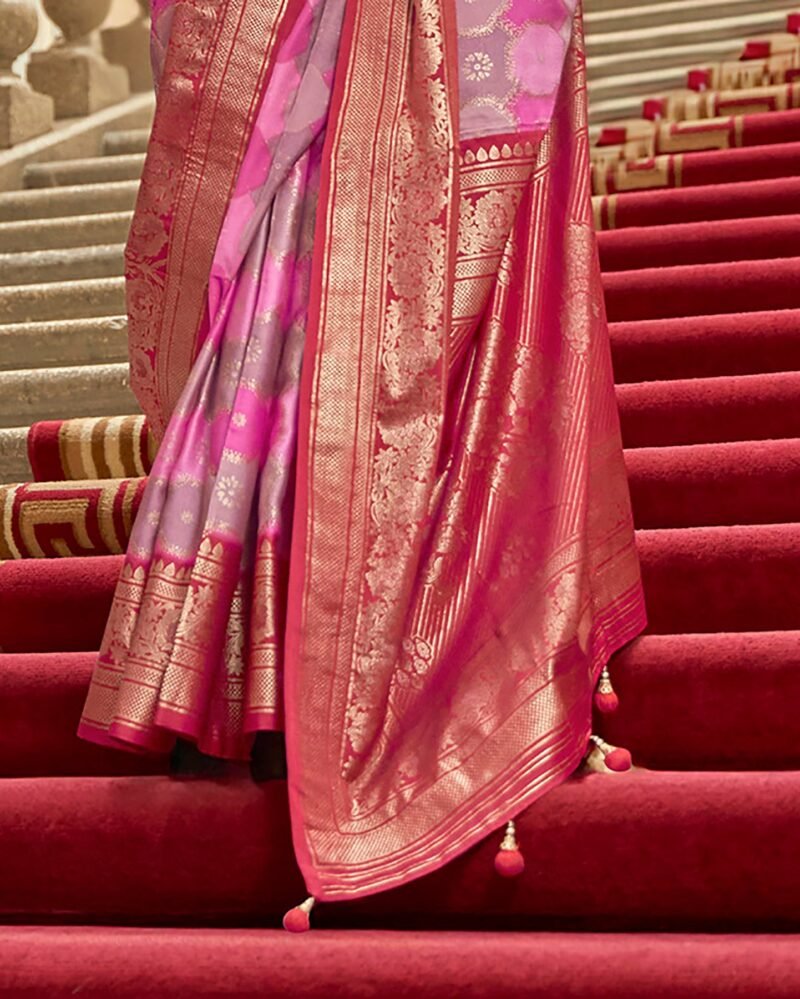 Pink Poly Viscose Satin Silk Color Block Rangat Woven Foil Printed Saree - Image 2