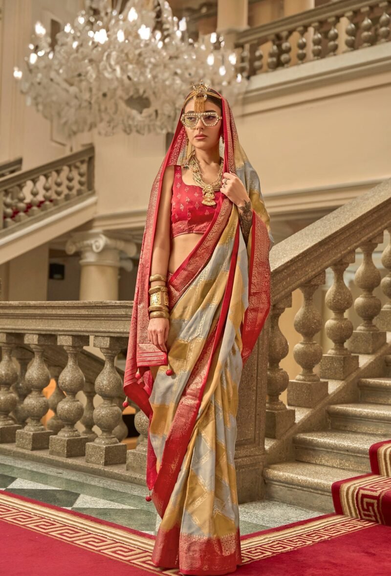 Red Poly Viscose Satin Silk Color Block Rangat Woven Foil Printed Saree - Image 3