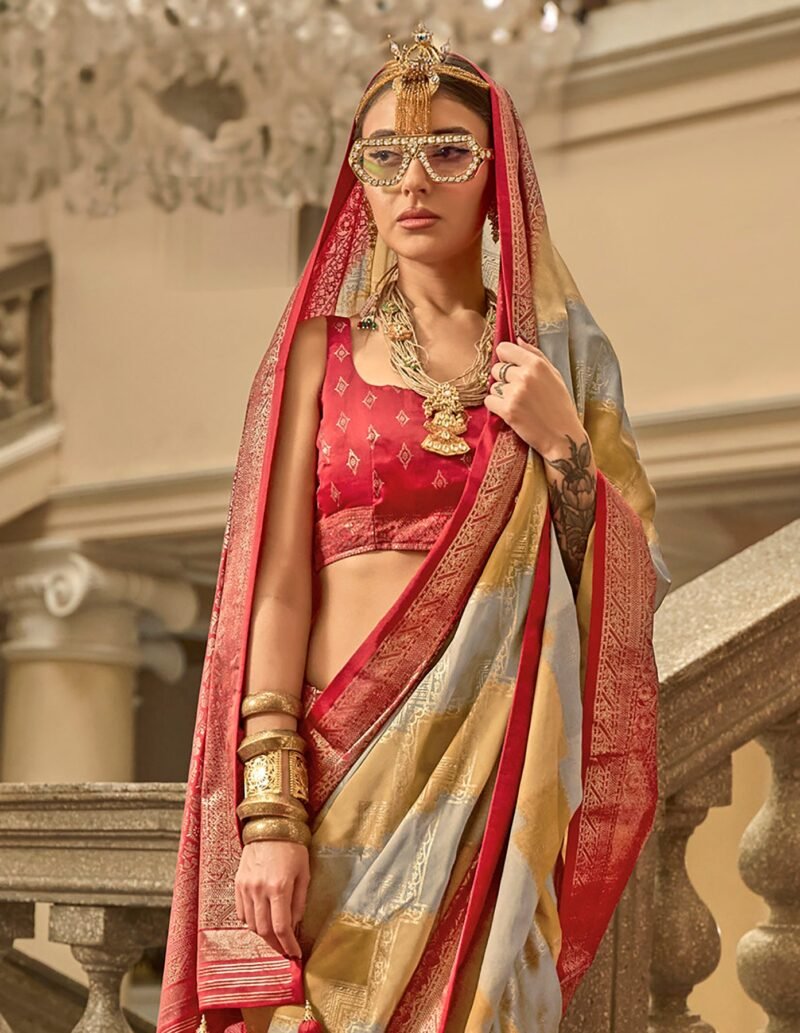 Red Poly Viscose Satin Silk Color Block Rangat Woven Foil Printed Saree - Image 2
