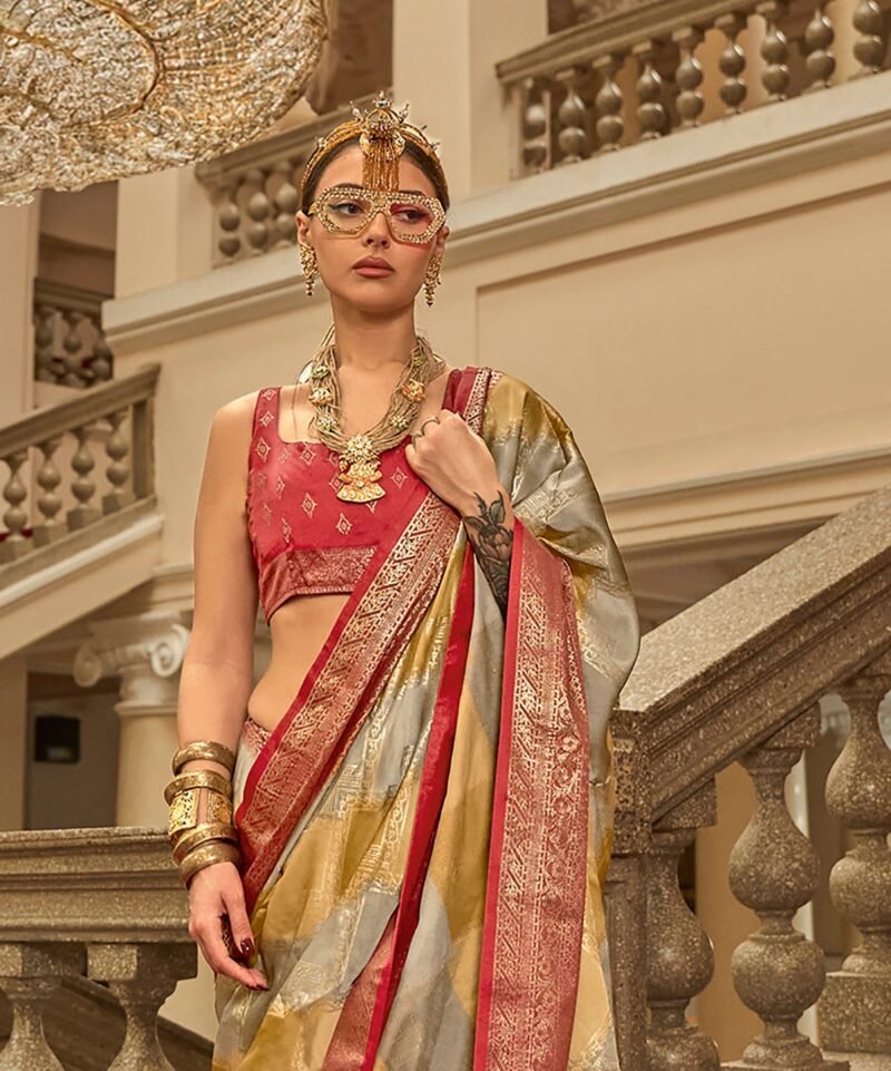 Red Poly Viscose Satin Silk Color Block Rangat Woven Foil Printed Saree - Image 4