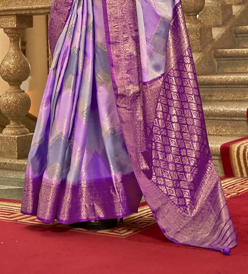 Purple Poly Viscose Satin Silk Color Block Rangat Woven Foil Printed Saree - Image 2