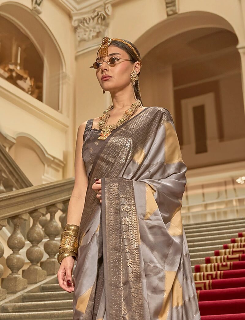 Grey Poly Viscose Satin Silk Color Block Rangat Woven Foil Printed Saree - Image 2