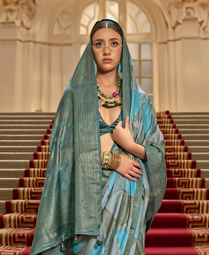 Dove Grey Poly Viscose Satin Silk Color Block Rangat Woven Foil Printed Saree - Image 4