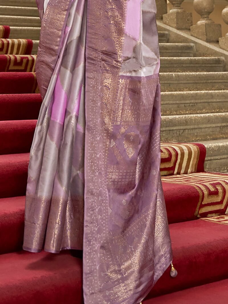Lavender Poly Viscose Satin Silk Color Block Rangat Woven Foil Printed Saree - Image 4