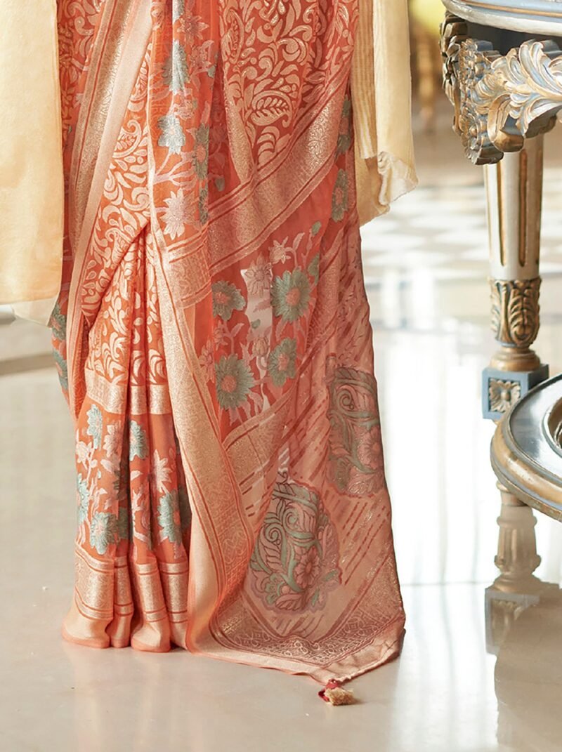Dark Peach Poly Viscose Georgette Floral Foil Work Fancy Banarasi Saree - Image 4
