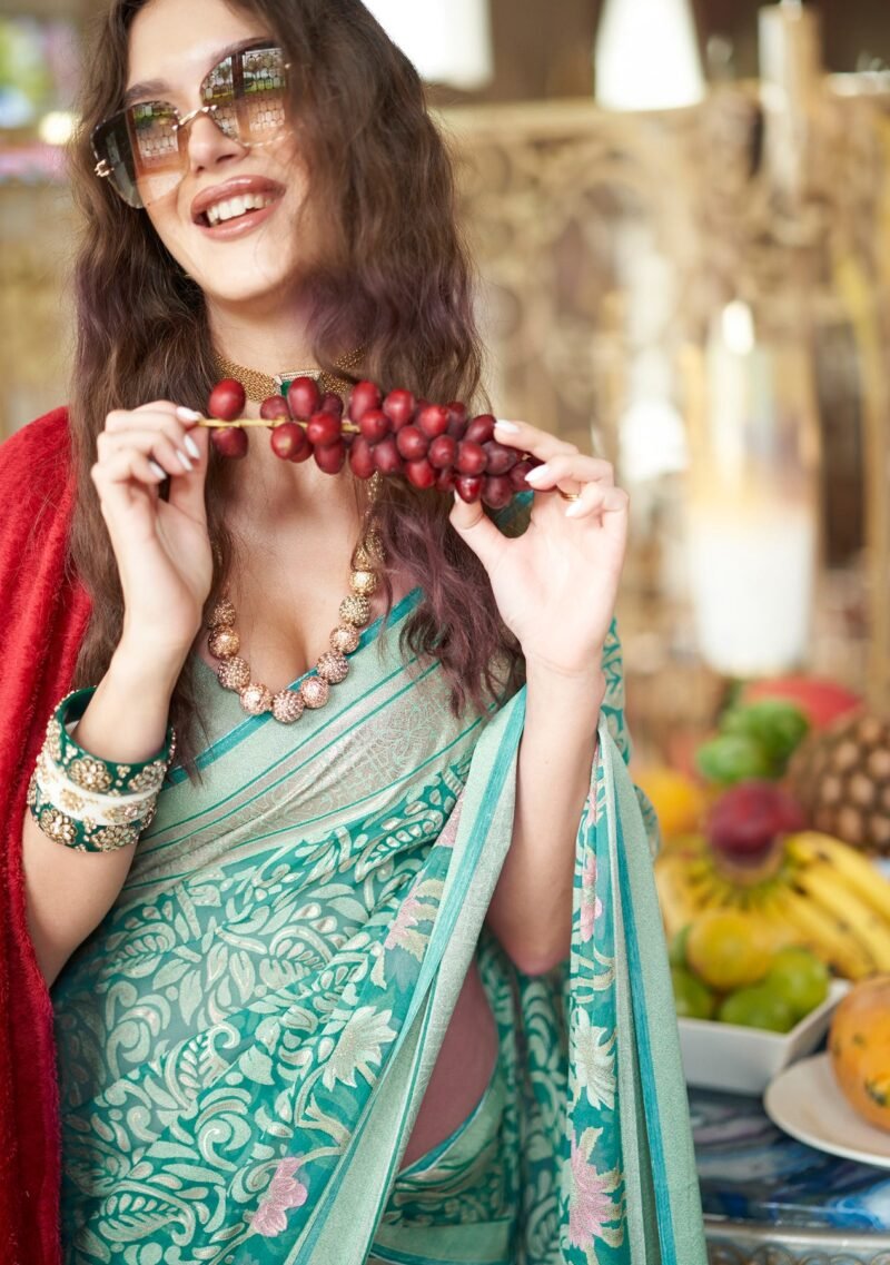 Cyan Blue Poly Viscose Georgette Floral Foil Work Fancy Banarasi Saree - Image 2