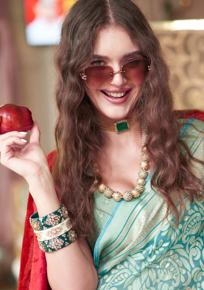 Cyan Blue Poly Viscose Georgette Floral Foil Work Fancy Banarasi Saree - Image 4