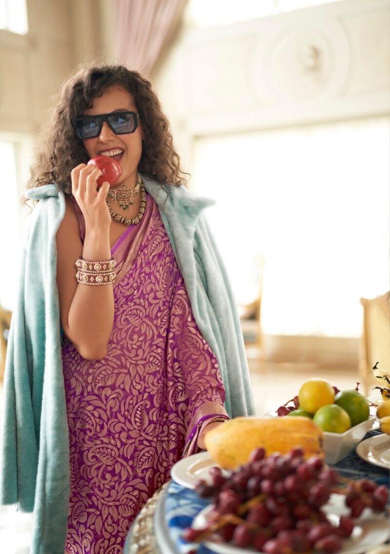 Twilight Lavender Poly Viscose Georgette Floral Foil Work Fancy Banarasi Saree - Image 3