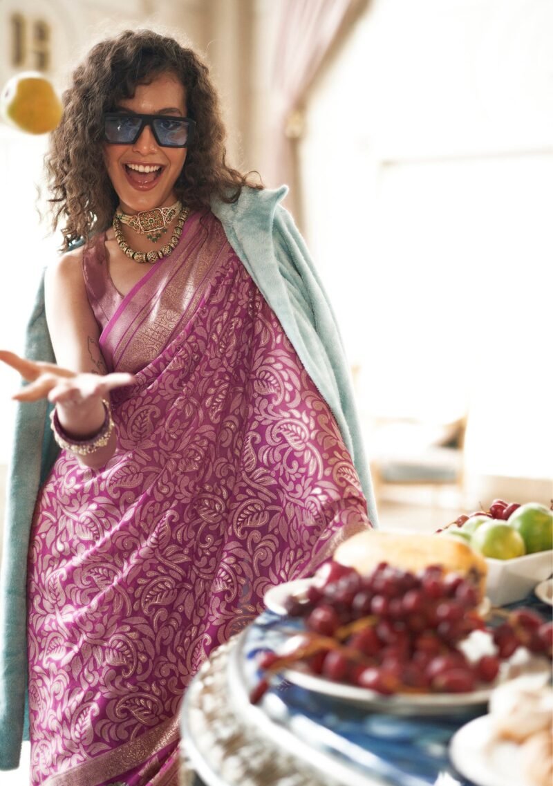 Twilight Lavender Poly Viscose Georgette Floral Foil Work Fancy Banarasi Saree - Image 4