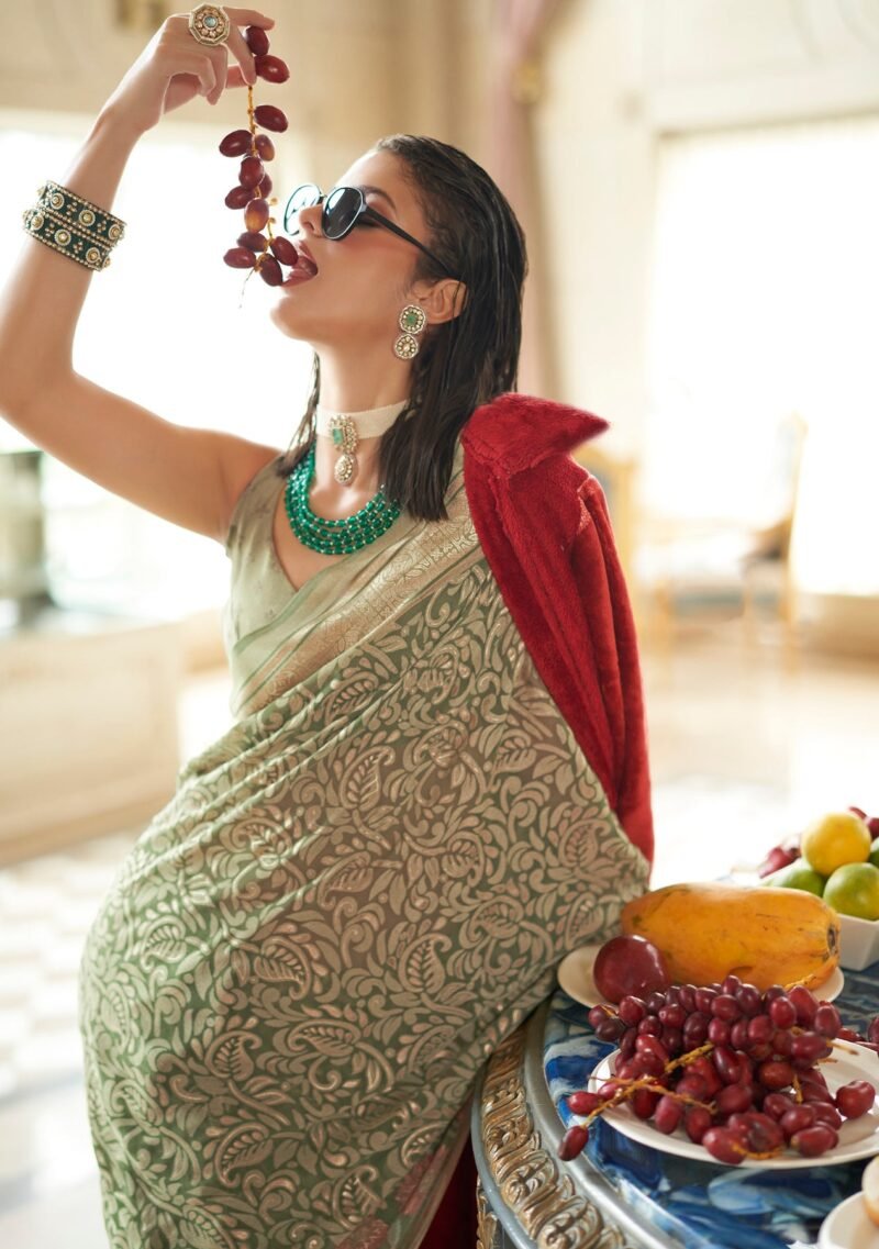 Camo Green Poly Viscose Georgette Floral Foil Work Fancy Banarasi Saree - Image 2