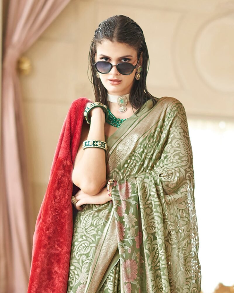 Camo Green Poly Viscose Georgette Floral Foil Work Fancy Banarasi Saree - Image 3