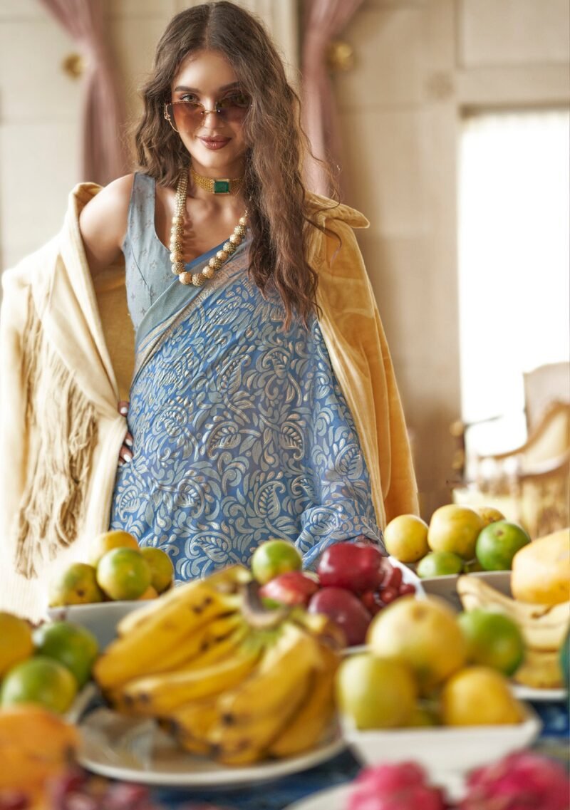 Slate Blue Poly Viscose Georgette Floral Foil Work Fancy Banarasi Saree - Image 2