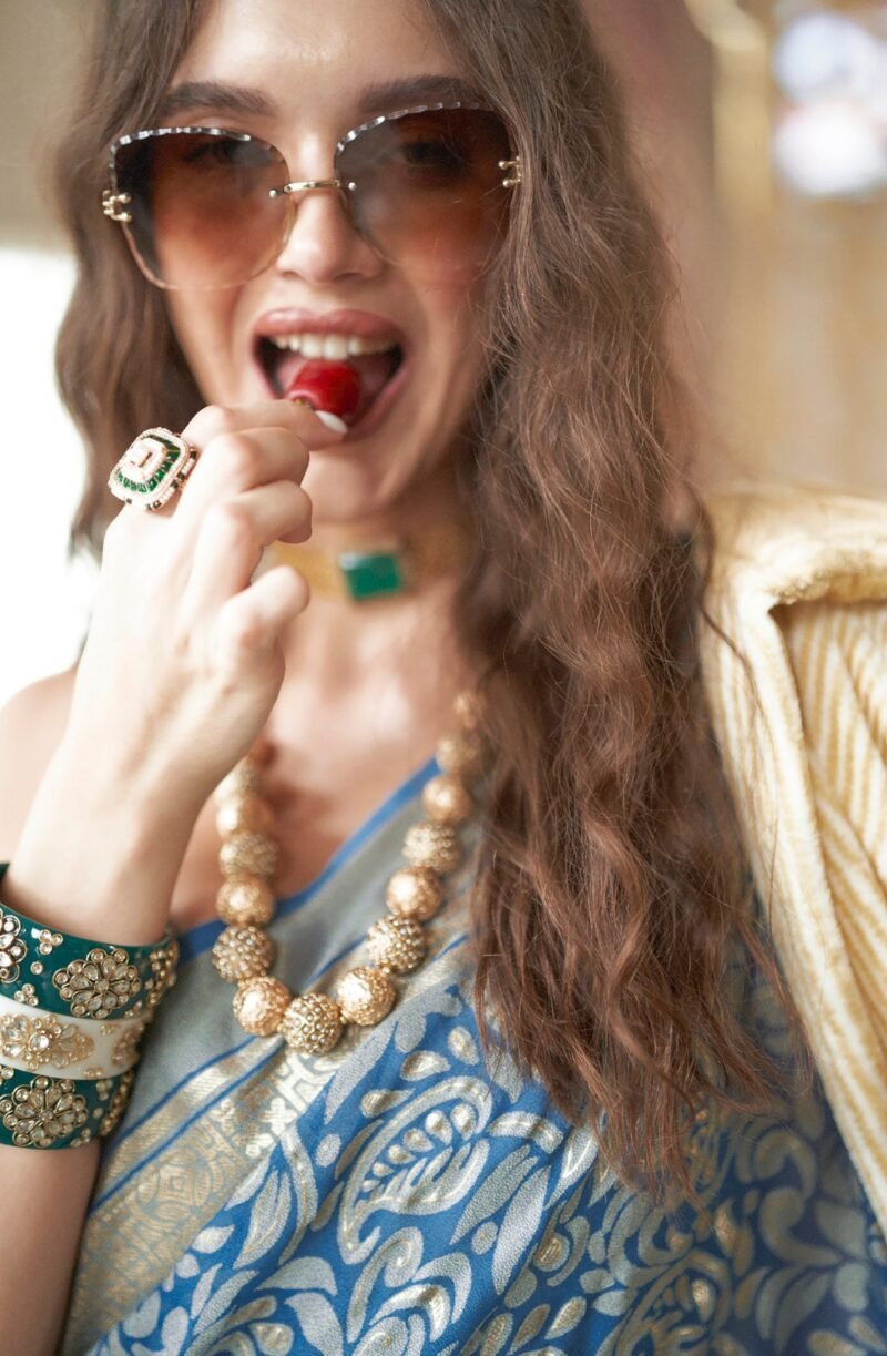 Slate Blue Poly Viscose Georgette Floral Foil Work Fancy Banarasi Saree - Image 3