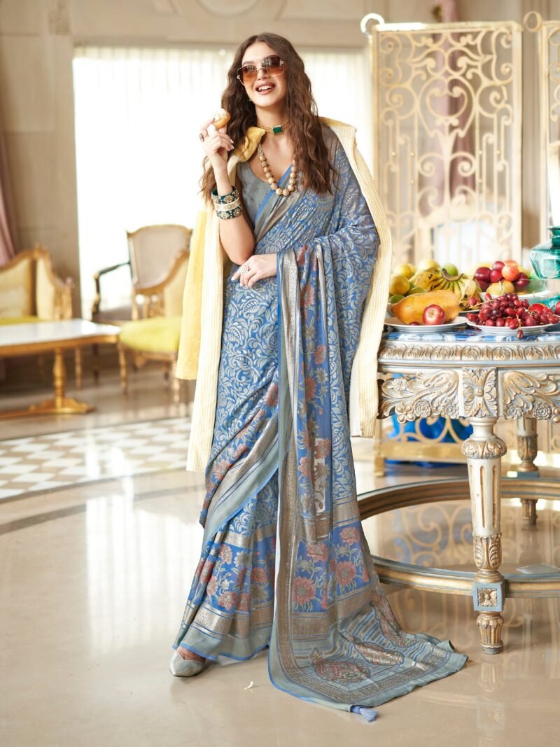 Slate Blue Poly Viscose Georgette Floral Foil Work Fancy Banarasi Saree - Image 4
