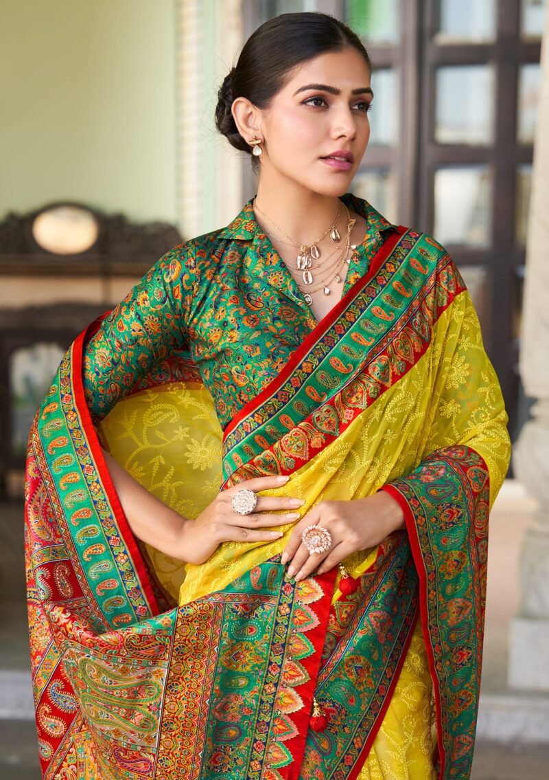 Yellow Green Poly Viscose Georgette Lucknowi Chikankari Work Fusion Pashmina Saree - Image 3