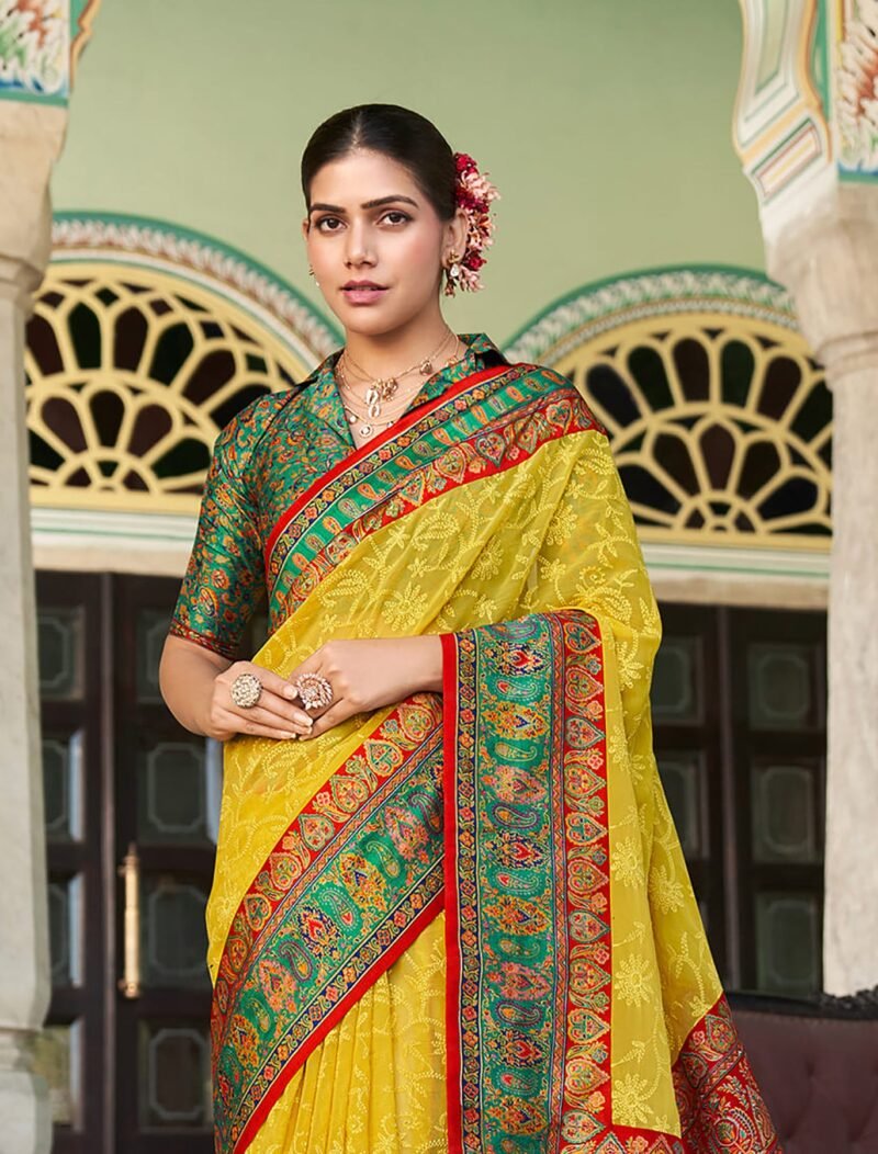 Yellow Green Poly Viscose Georgette Lucknowi Chikankari Work Fusion Pashmina Saree - Image 4