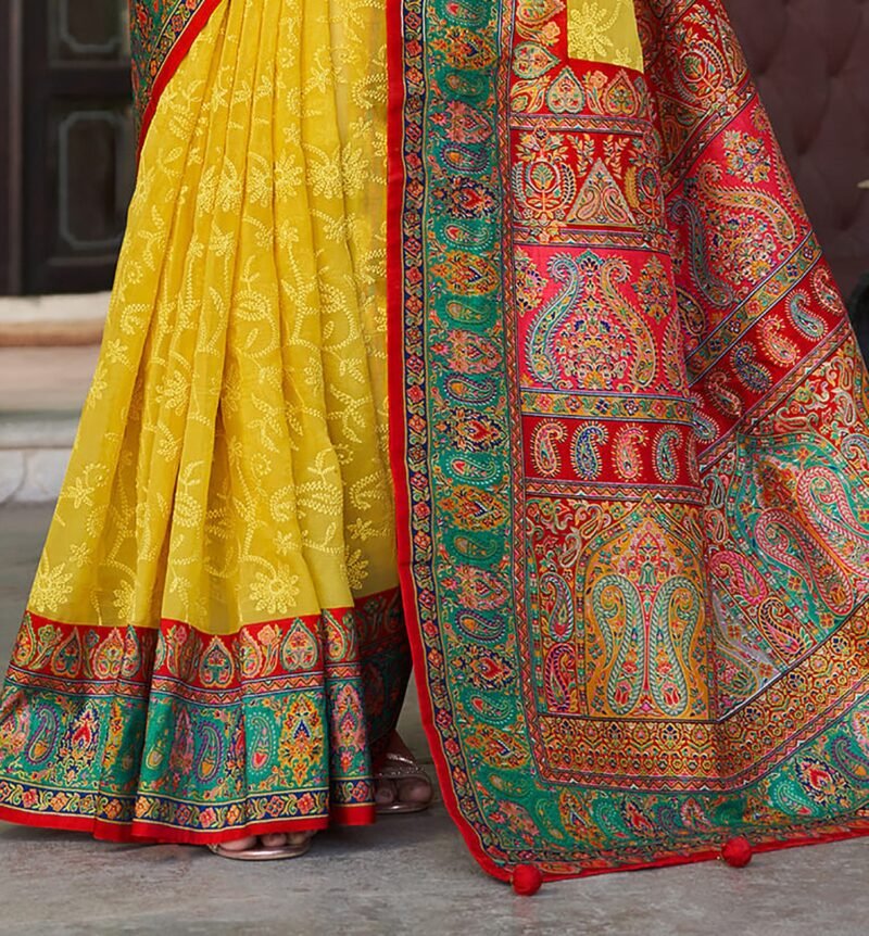 Yellow Green Poly Viscose Georgette Lucknowi Chikankari Work Fusion Pashmina Saree - Image 2