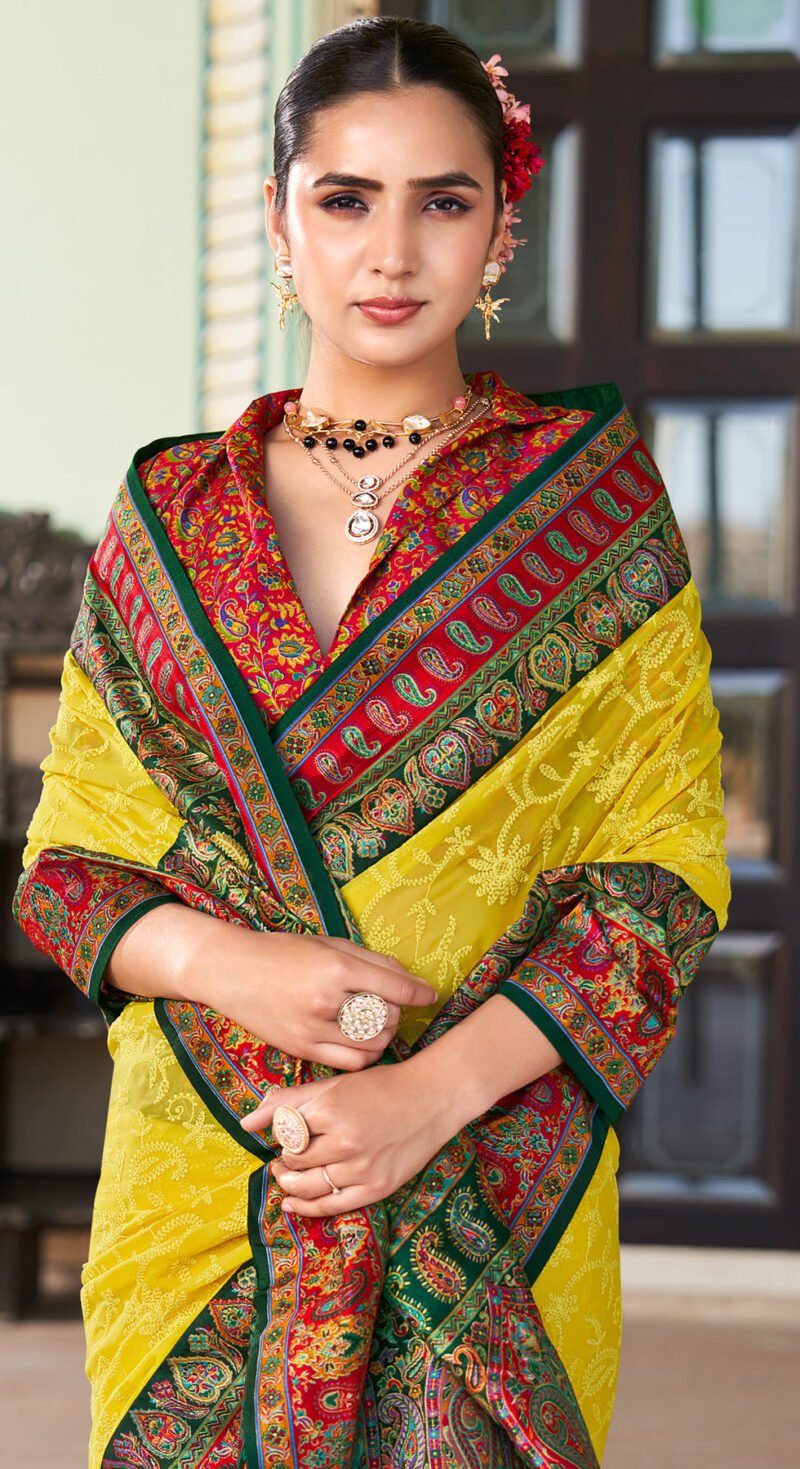 Yellow Poly Viscose Georgette Lucknowi Chikankari Work Fusion Pashmina Saree - Image 3