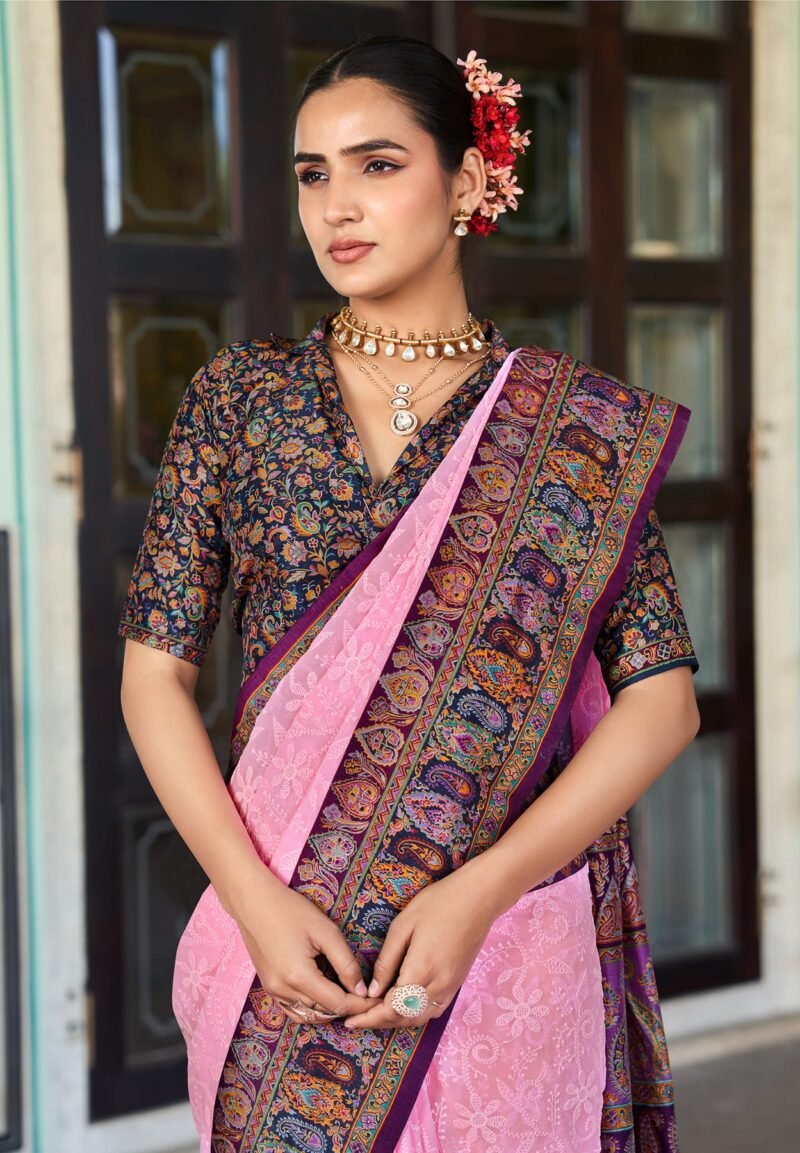 Baby Pink Poly Viscose Georgette Lucknowi Chikankari Work Fusion Pashmina Saree - Image 3