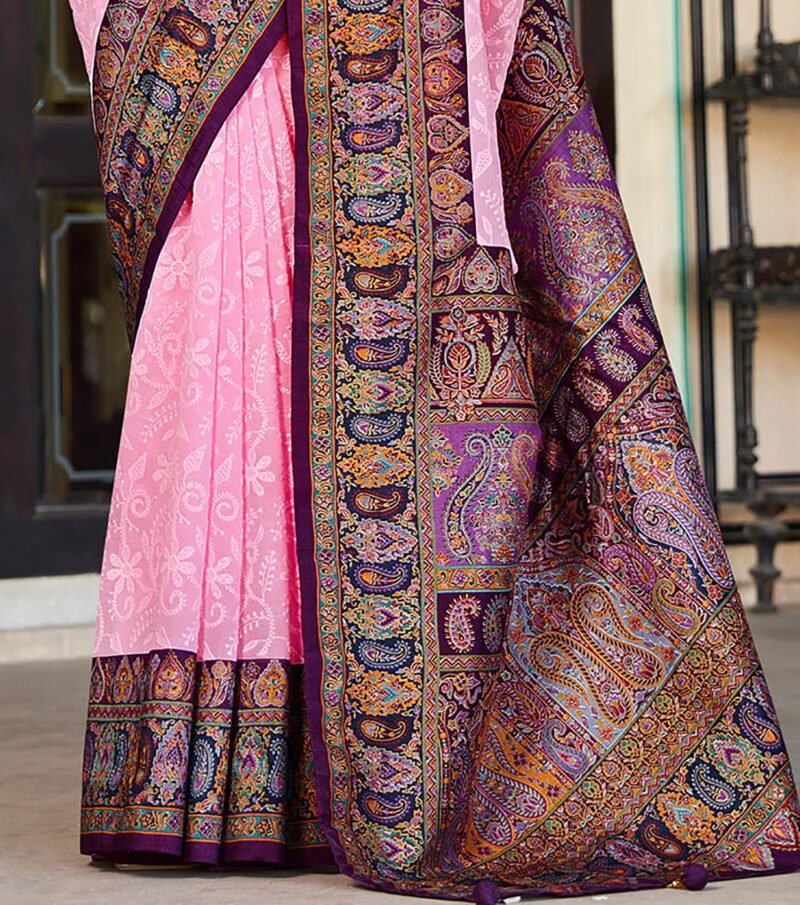 Baby Pink Poly Viscose Georgette Lucknowi Chikankari Work Fusion Pashmina Saree - Image 2