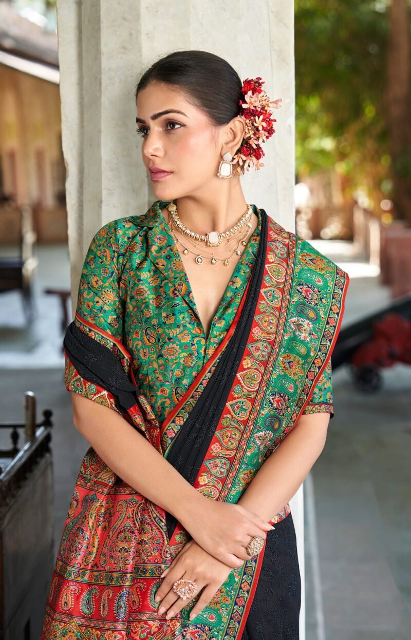 Black Poly Viscose Georgette Lucknowi Chikankari Work Fusion Pashmina Saree - Image 3