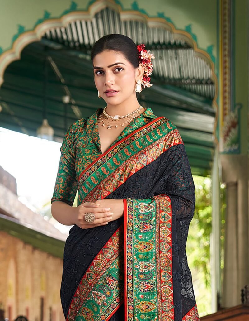 Black Poly Viscose Georgette Lucknowi Chikankari Work Fusion Pashmina Saree - Image 2