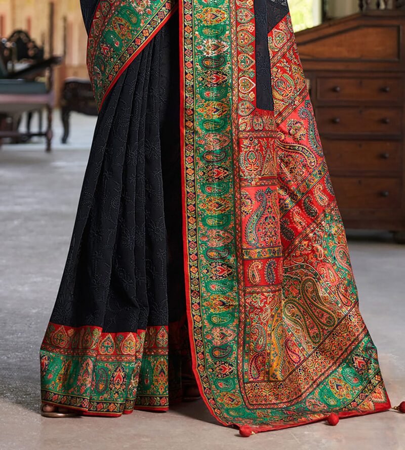 Black Poly Viscose Georgette Lucknowi Chikankari Work Fusion Pashmina Saree - Image 4