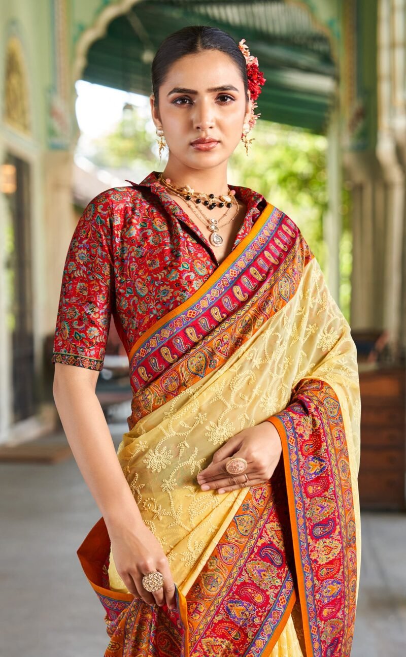 Ivory Poly Viscose Georgette Lucknowi Chikankari Work Fusion Pashmina Saree - Image 4