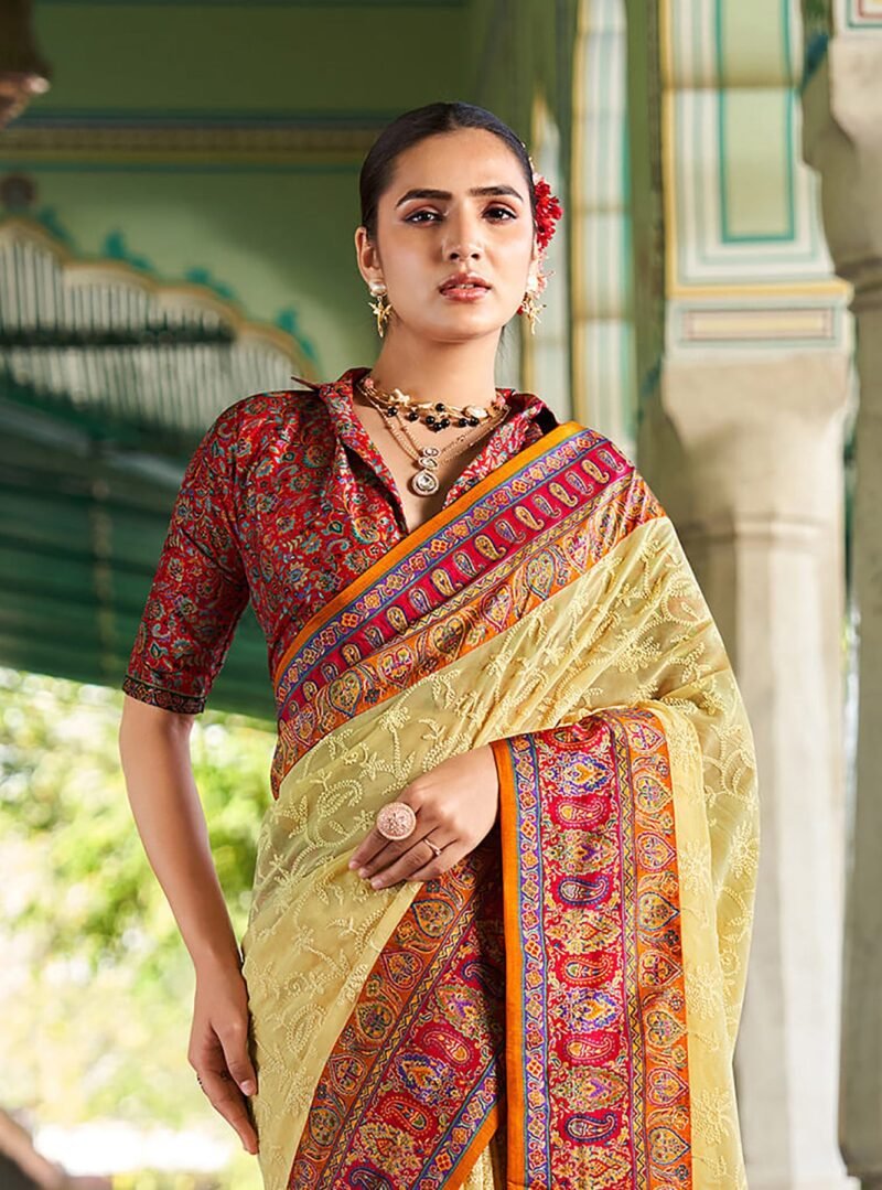 Ivory Poly Viscose Georgette Lucknowi Chikankari Work Fusion Pashmina Saree - Image 3