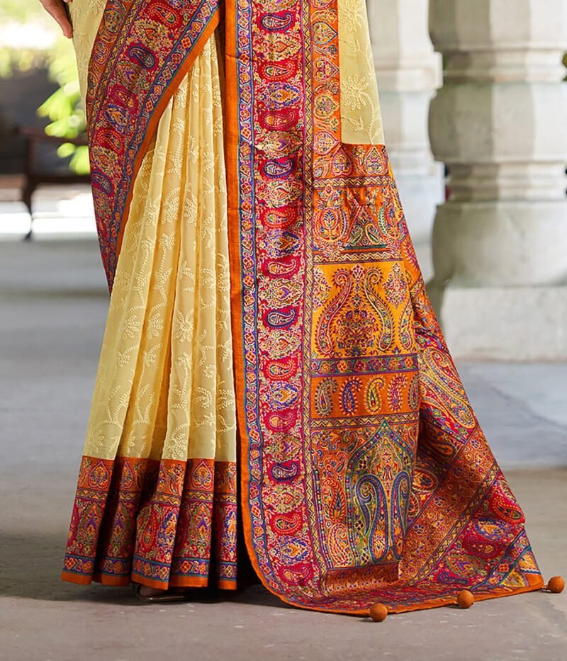 Ivory Poly Viscose Georgette Lucknowi Chikankari Work Fusion Pashmina Saree - Image 2