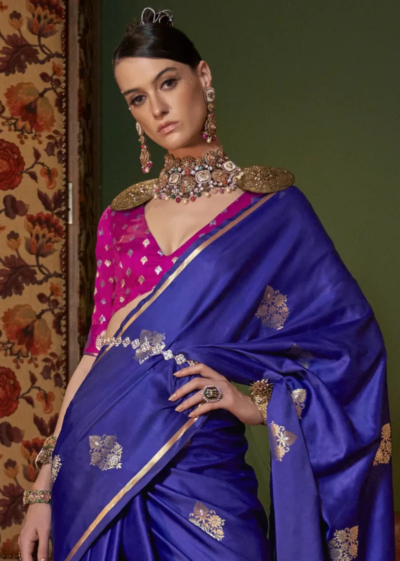 Royal Blue Luxe Banarasi Satin Silk Saree - Image 5