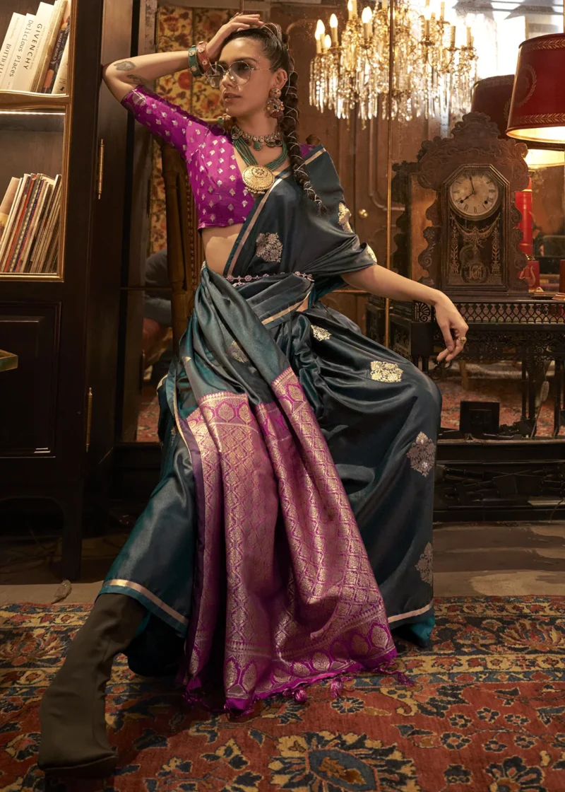 Teal Luxe Banarasi Satin Silk Saree - Image 5