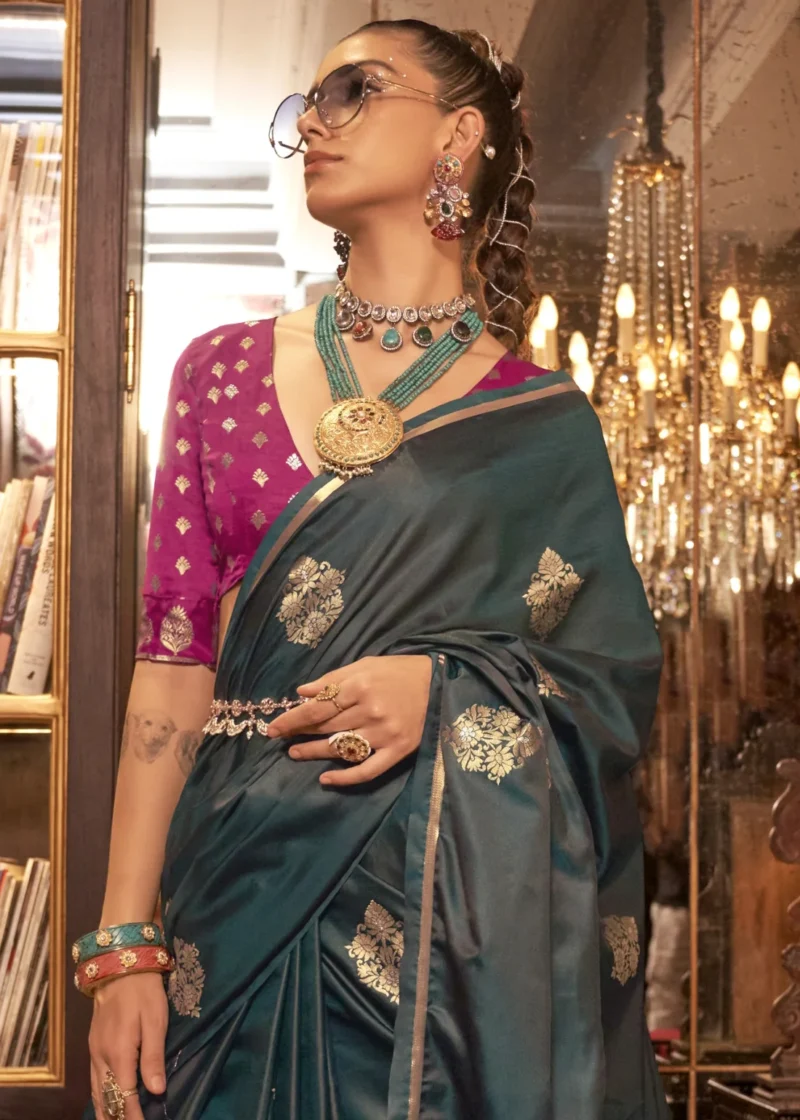 Teal Luxe Banarasi Satin Silk Saree - Image 2