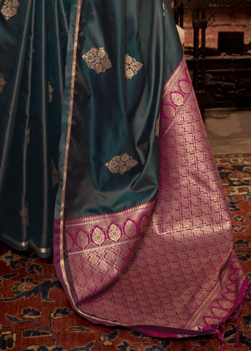 Teal Luxe Banarasi Satin Silk Saree - Image 3