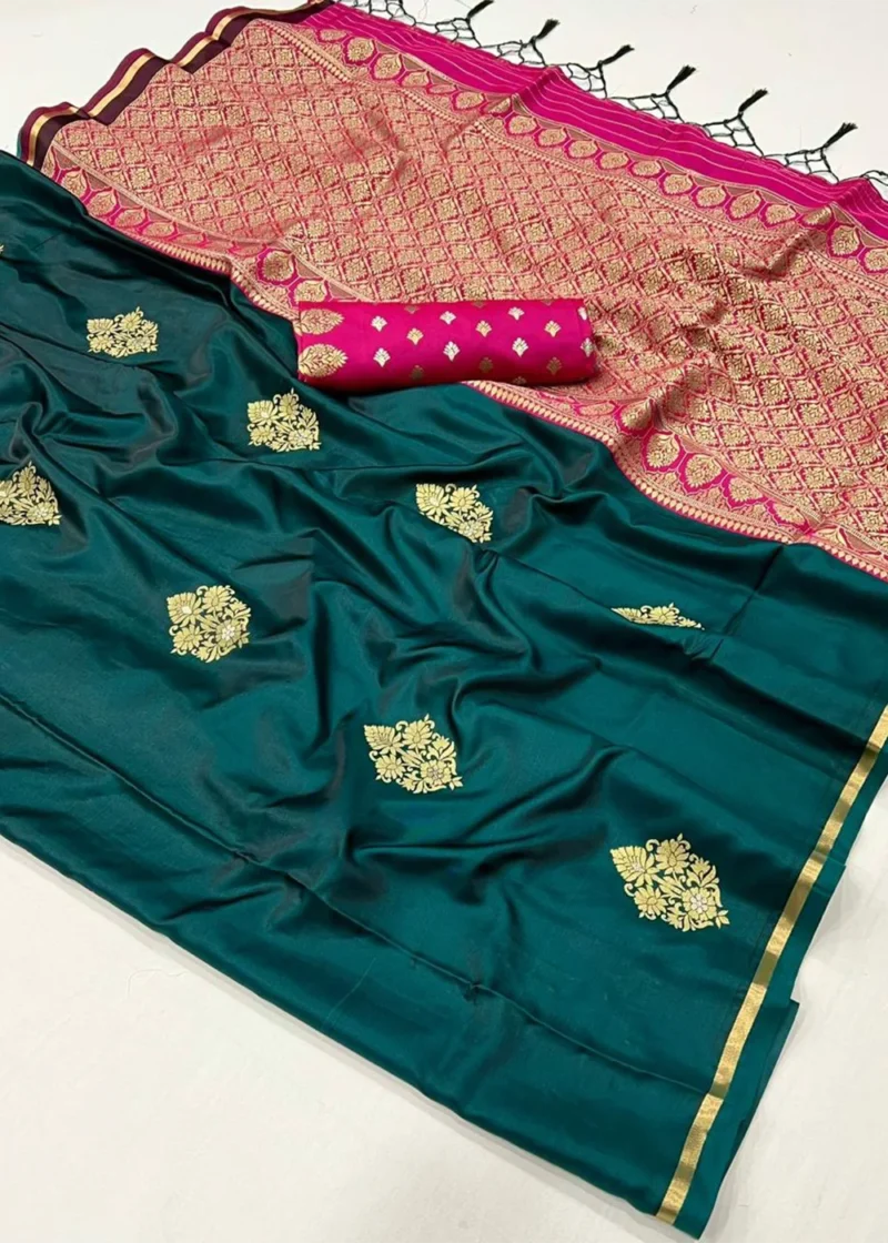 Teal Luxe Banarasi Satin Silk Saree - Image 4