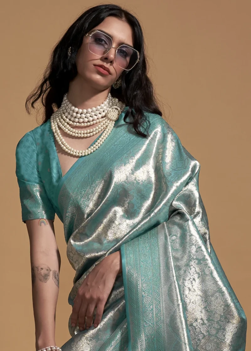 Teal Blue Luxe Kanjivaram Saree - Image 3