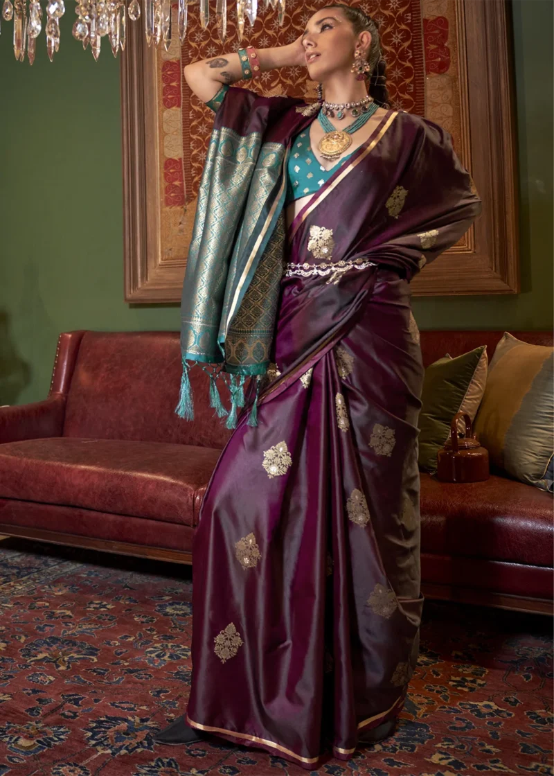 Berry Wine Luxe Banarasi Satin Silk Saree - Image 5