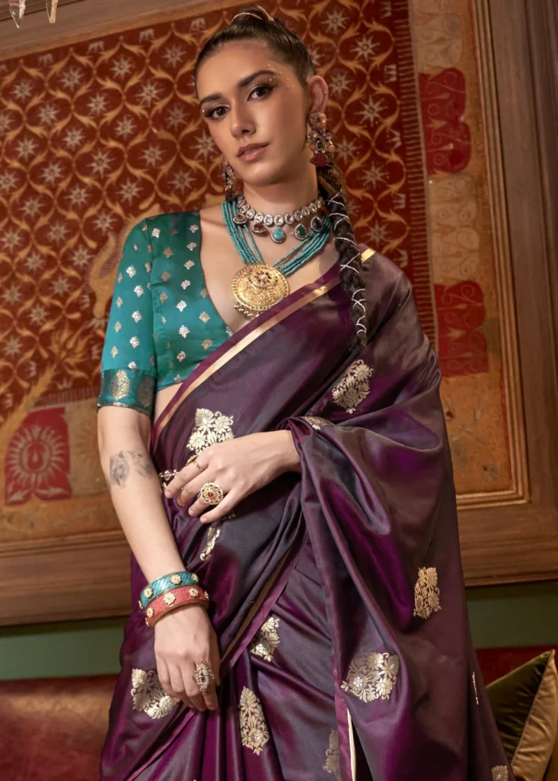 Berry Wine Luxe Banarasi Satin Silk Saree - Image 4