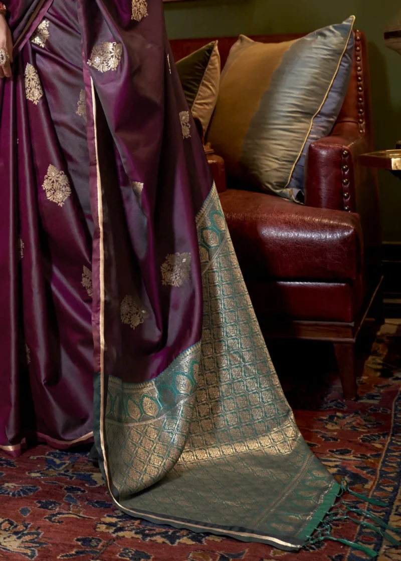Berry Wine Luxe Banarasi Satin Silk Saree - Image 2