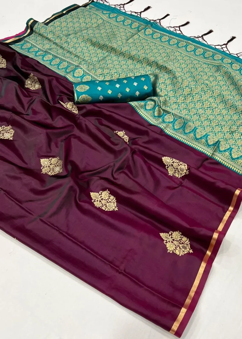 Berry Wine Luxe Banarasi Satin Silk Saree - Image 3