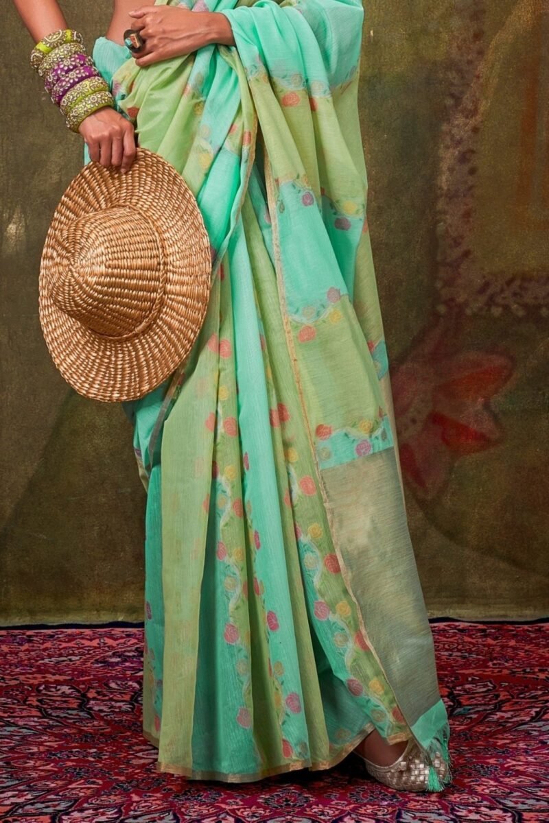 Aqua Green Organza Silk Saree - Image 2