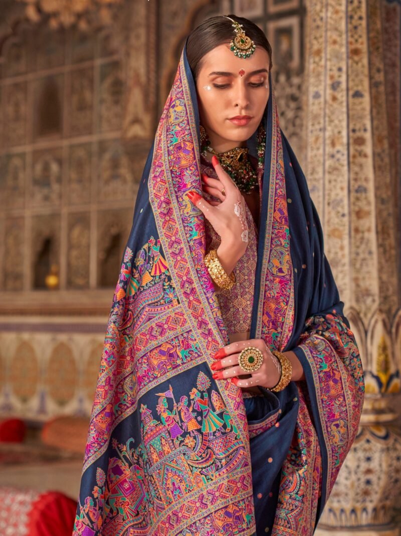 Navy Blue Luxury Designer Printed Silk Saree - Image 2