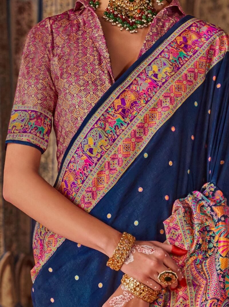 Navy Blue Luxury Designer Printed Silk Saree - Image 3
