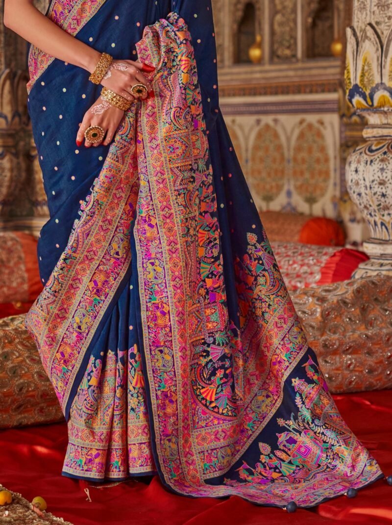 Navy Blue Luxury Designer Printed Silk Saree - Image 4