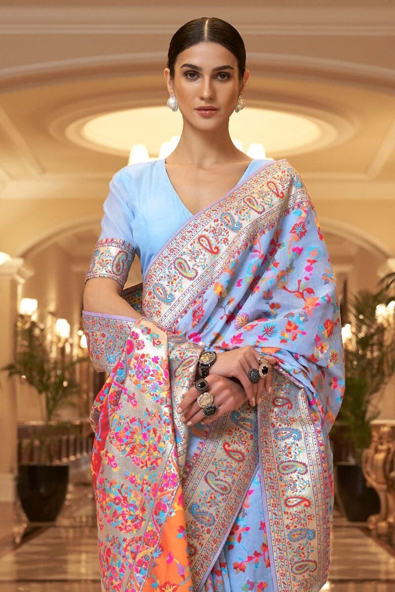 Princess Blue Woven Jamewar Banarasi Saree - Image 3