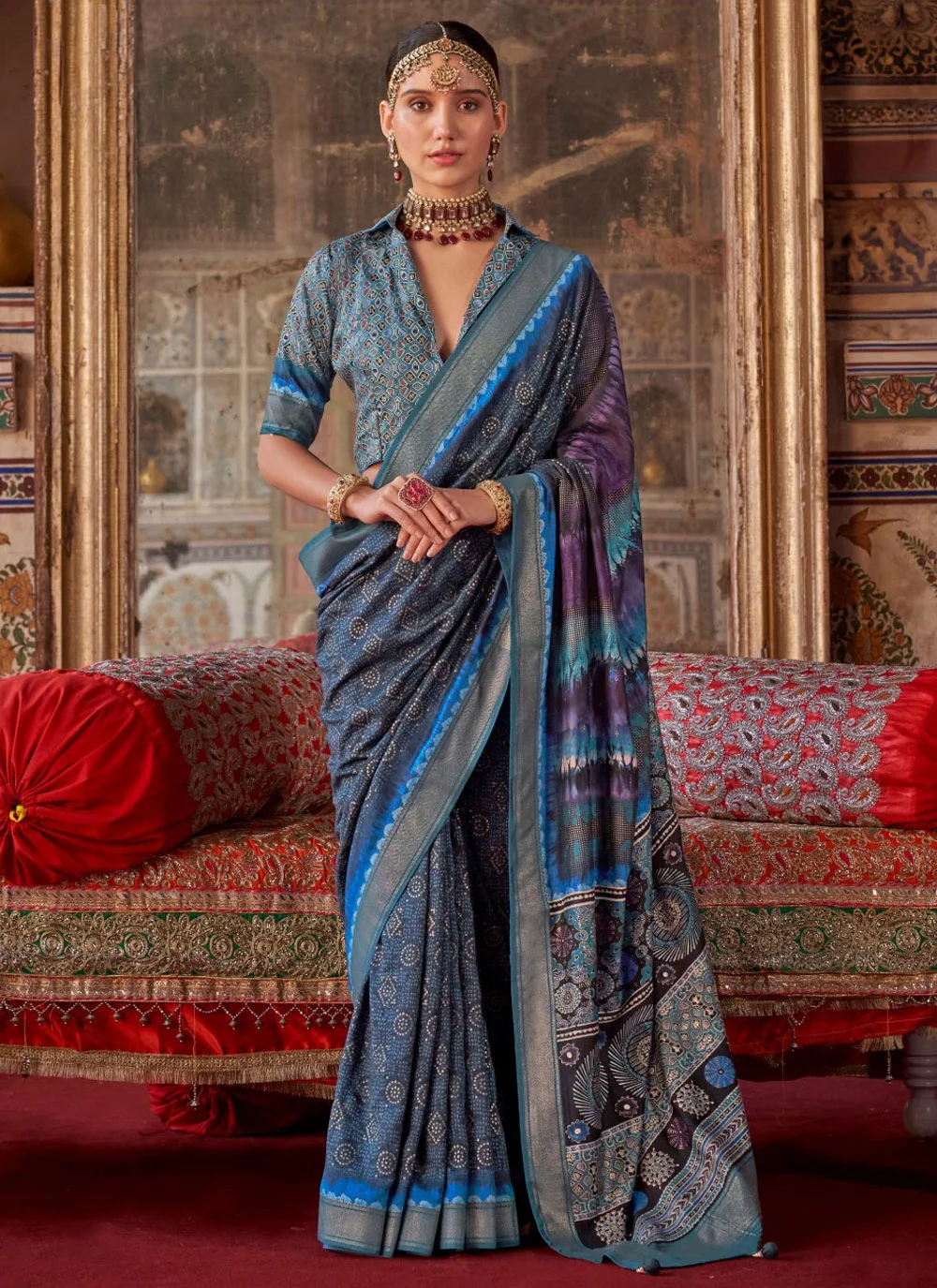 contemporary-saree-printed-silk-in-blue-282980-1000x1375 Whimsical Silk Ceremonial Trendy Saree - Image 1
