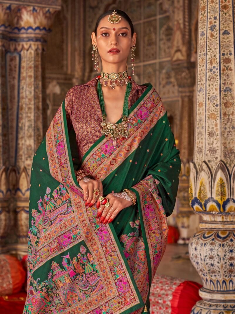 Green Luxury Designer Printed Silk Saree - Image 3