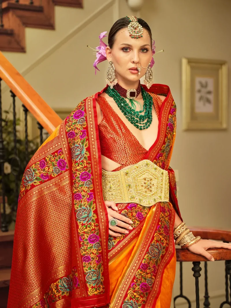 Orange Luxe Poly Viscose Banarasi Silk Saree - Image 3