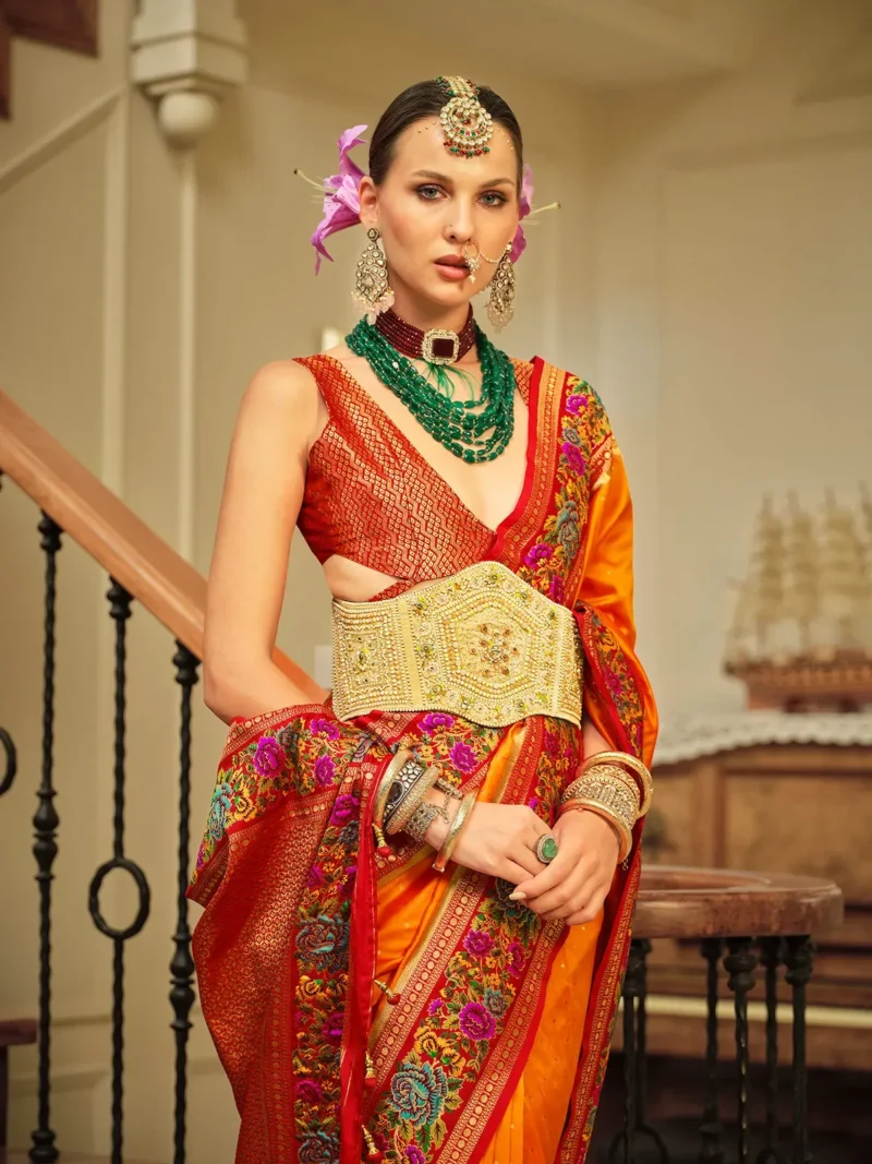 Orange Luxe Poly Viscose Banarasi Silk Saree - Image 4