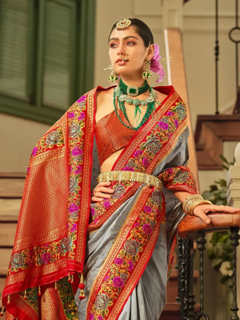 Grey Luxe Poly Viscose Banarasi Silk Saree - Image 3